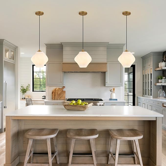 Milk White Glass Pendant Light, Mid Century Modern Ceiling Hanging Lights Fixture with Height Adjustable, Brass Gold Pendant Lighting for Kitchen Island, Hallway, Dining Room, Bedroom(2 Pack)