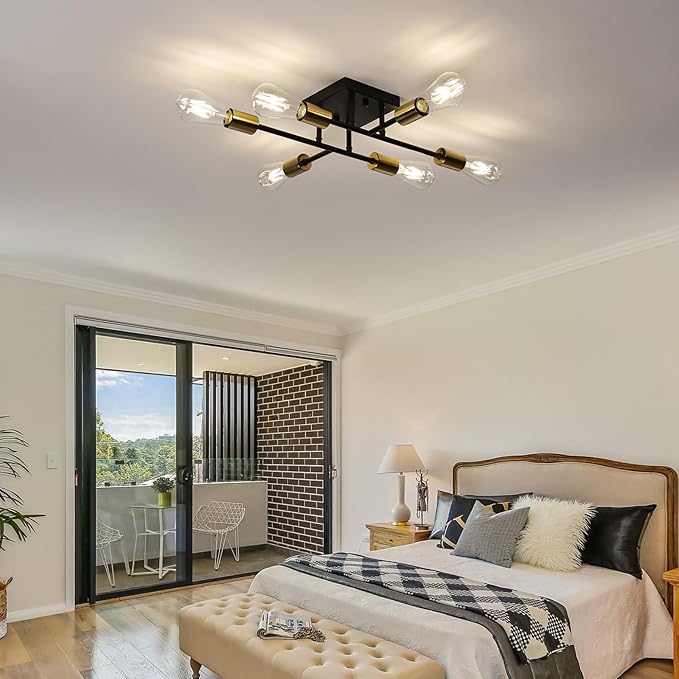 6-Lights Semi Flush Mount Ceiling Light Fixture, Matte Black and Golden, Modern Sputnik Close to Ceiling Light with E26 Base, Chandelier Light for Bedroom Kitchen Living Room Dining Room