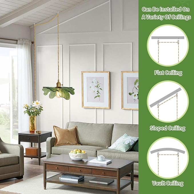 Plug in Pendant Light Green Glass Pendant Lighting 14.75ft Hanging Light with Plug in Cord 1-Light Hand Blown Brass Pendant Light Plug in Hanging Lamp for Kitchen Bedroom Living Dining Room