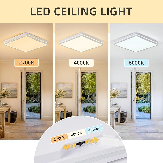 18 Inch LED Flush Mount Ceiling Light, White Ceiling Light Fixture with Side Light, 50W,4500LM, 2700K/4000K/6000K CCT Selectable, Square Lamp for Bathroom, Closet, Kitchen, Hallway, Bathroom