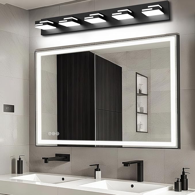 LED Modern Bathroom Vanity Light Fixtures, 5-Light 34-inch Dimmable Matte Black Vanity Lights for Bathroom Lighting Fixtures Over Mirror, with 360° Rotatable Acrylic Heads (Cool White 6000K)