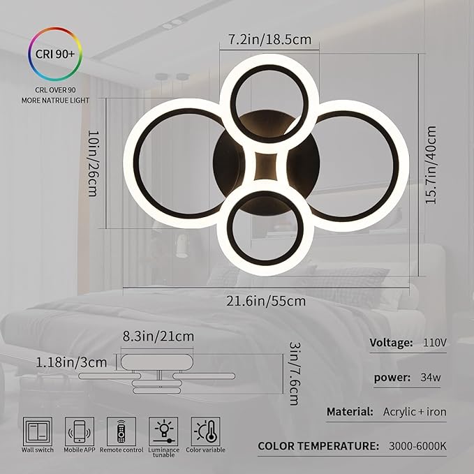 Shine LUEST 34W Modern LED Ceiling Light, 3000K-6000K Dimmable Ceiling Lighting Fixtures Ceiling Mount 4 Rings Black LED Chandelier Bedroom Lights Flush Mount with Remote for Kitchen, 2720LM