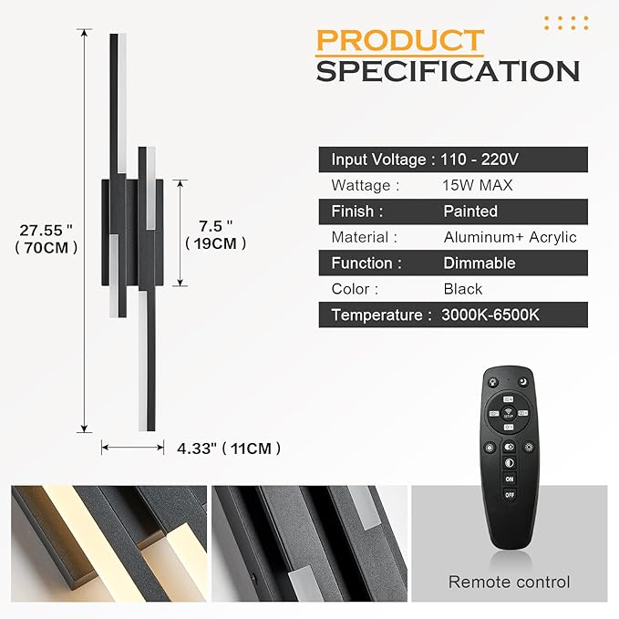 Benkut Modern LED Wall Sconce Black Remote Wall Light Fixtures for Bathroom, Dimmable Vanity Light Indoor LED Remote Wall Sconce for Bedside Bedroom Living Dining Room (27.6inch 3000-6500K 1 Pack)