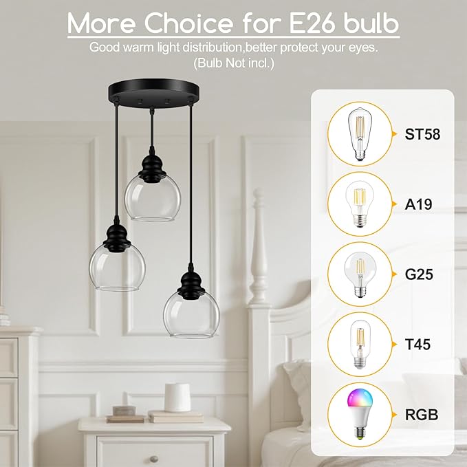 3-Light Pendant Light, Hanging Ceiling Lamp with Clear Glass Shade, Matte Black Pendant Lighting Adjustable Height Industrial Retro Style Hanging Light, for Kitchen Island Bedroom(E26 Base,No Bulb)