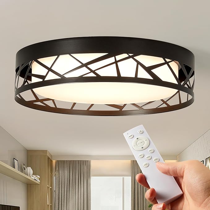 Modern Dimmable LED Flush Mount Ceiling Light with Remote, 2400LM 2700K-6500K Adjustable 12 Inch Bedroom Ceiling light with Night Light for Kitchen Hallway Bathroom Living Room (Black, Vertical)