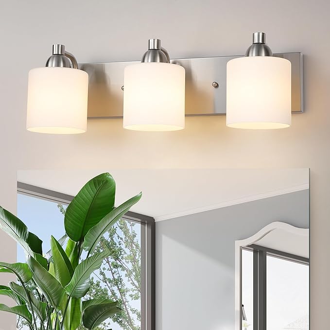 Mecgirn Stainless Steel Milk Glass Bathroom Vanity Light Over Mirror, 3 Light Brushed Nickel Bathroom Light Fixtures with Frosted Glass, Modern Vanity Lighting Wall Mount