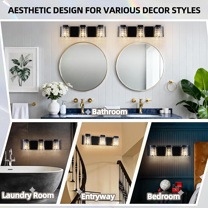 Modern Crystal Bathroom Light Fixtures, 3-Light Black Vanity Lights with Clear Shades, Bathroom Lighting Fixtures Over Mirror Wall Light for Living Room, Decoration,Bedroom（Exclude Bulb）