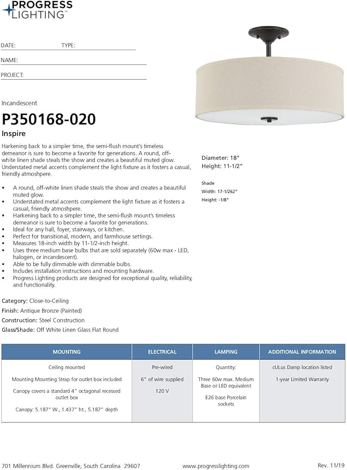 Progress Lighting Inspire Collection Antique Bronze Three-Light 18" Semi-Flush Mount, 11.50x18.00x18.00