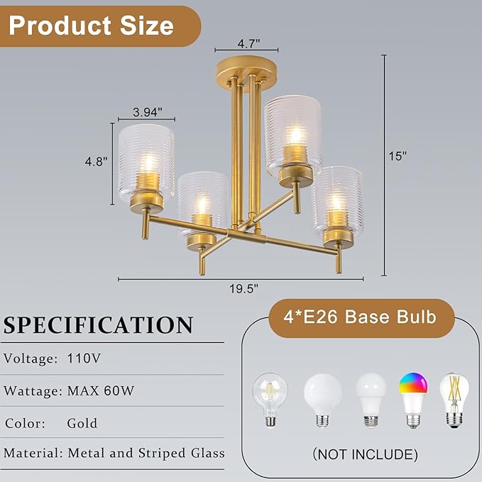 4-Light Modern Sputnik Chandelier Gold Sputnik Semi Flush Mount Ceiling Light with Striped Glass Shade for Living Room Dining Room Kitchen Island Bedroom Hallway Entryway Foyer