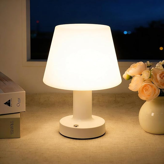 HAPYGI Small Mushroom Table Lamp, Cordless Night Light with 2600mAh Rechargeable Battery, Stepless Dimming Desk Lamp with 3 Colors for Bedroom/Patio/Living Room (White-2)