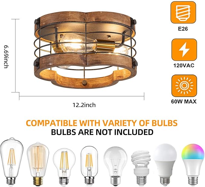Farmhouse Flush Mount Ceiling Light, 12.2 Inch 3-Light Metal and Wood Close to Ceiling Light Fixture, Rustic Drum Semi Ceiling Light for Kitchen, Dining Room, Living Room, Hallway, Entryway