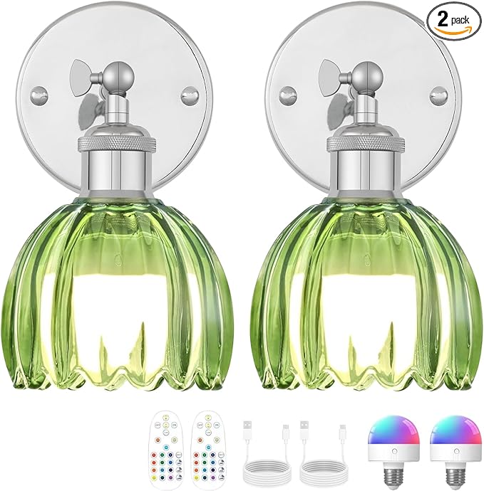 Vintage Battery Operated Wall Sconce, Green Tulip Glass Lampshade Wireless Rechargeable Battery Powered LED Wall Light with Remote Dimmable for Bedside Bedroom Living Room, Silver, Set of 2