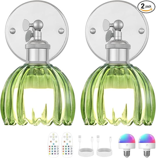 Vintage Battery Operated Wall Sconce, Green Tulip Glass Lampshade Wireless Rechargeable Battery Powered LED Wall Light with Remote Dimmable for Bedside Bedroom Living Room, Silver, Set of 2