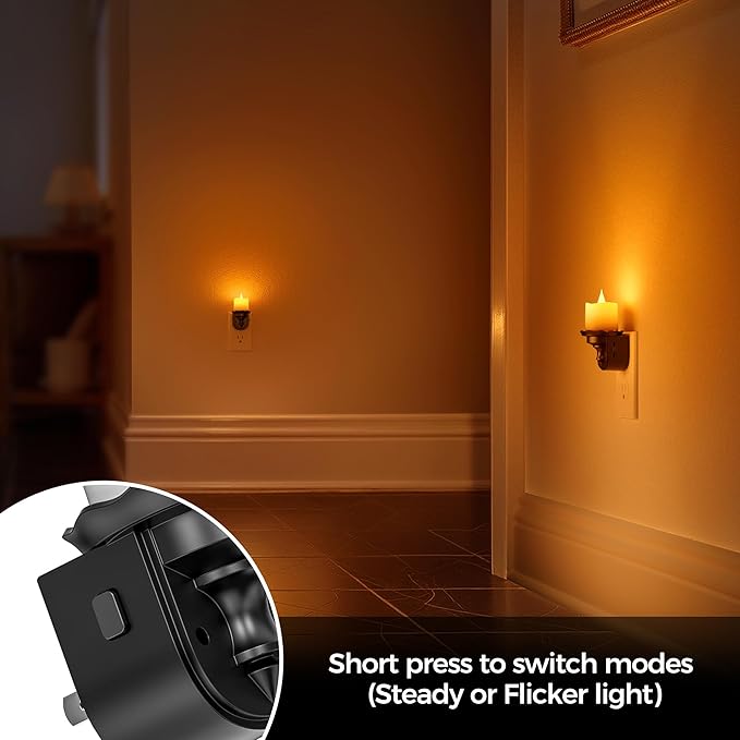 Briignite Candle Night Light, Amber Night Lights Plug into Wall 2 Pack, LED Flicker Candle Night Light with Light Sensor, 0-100LM Dimmable Nightlight for Kids Hallway Bathroom