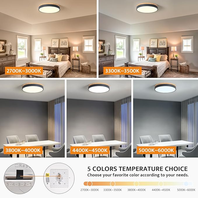 Yiisem Dimmable Wood LED Flush Mount Ceiling Light, 5CCT 2700K-6000K Selectable Modern Round Close to Ceiling Lighting Fixtures, Minimalist Grey Ceiling Lamp for Living Room, Bedroom, Laundry Room