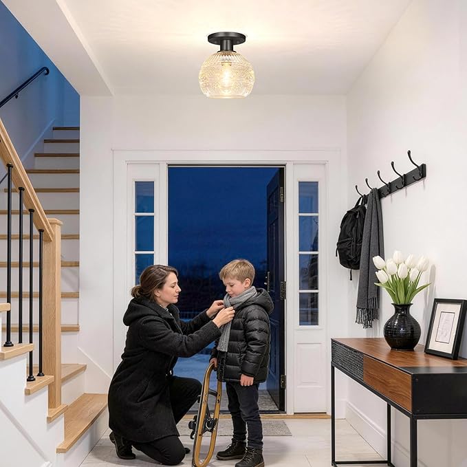 7.09in Semi Flush Mount Ceiling Light Fixture, Vintage Flush Mount Ceiling Light with Glass, Goble Hallway Light Fixtures, Black Bathroom Ceilings Light Overhead Lighting for Porch Corridor Closets