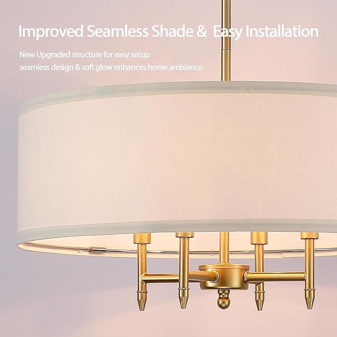 Untrammelife Drum Pendant Chandelier 4-Lights Gold Chandelier 20" Ceiling Hanging Light Fixture with White Shade, for Dining Room Living Room Bedroom Kitchen Island
