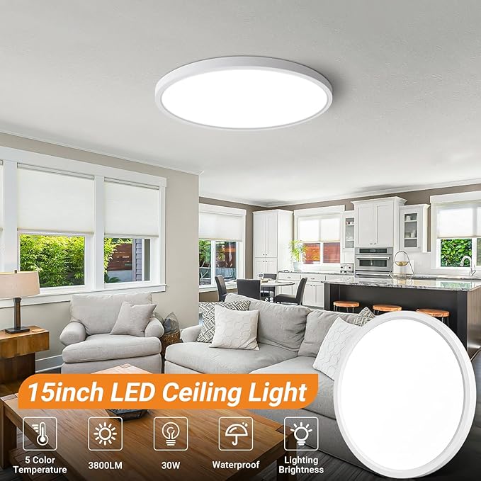 slochi 2Pack LED Flush Mount Ceiling Light Fixture, 15 Inch 30W, 3800LM, Super Slim 0.7 Inch, 3000K-6500K Adjustable Low Profile LED Ceiling Lights for Bathroom, Closet, Hallway(White)