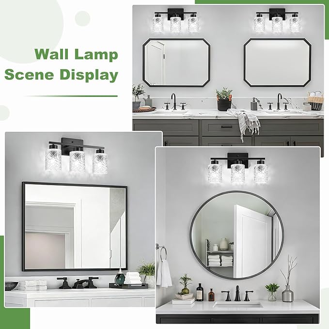 Black Bathroom Light Fixtures, 3-Light Modern Bathroom Vanity Wall Light, Vanity Lights for Mirror, Wall Sconces with Clear Textured Glass (E26 Socket, Bulbs Not Included)
