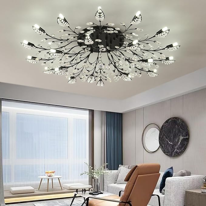 Small Crystal Chandelier Modern Semi Flush Mount Ceiling Light Fixture Black Leaves Chandeliers Lighting for Bedroom Living Room Dining Room Kitchen Hallway Foyer