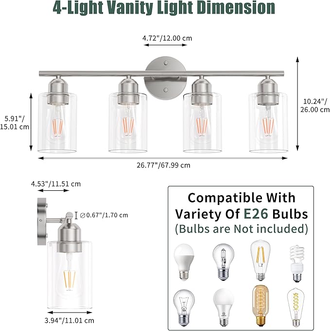 Espird Bathroom Vanity Light Fixtures Brushed Nickel,4 Lights Rustic Farmhouse Vanity Bar Lighting Over Mirror Modern Industrial Wall Sconces Lamp with Cylinder Glass Shade