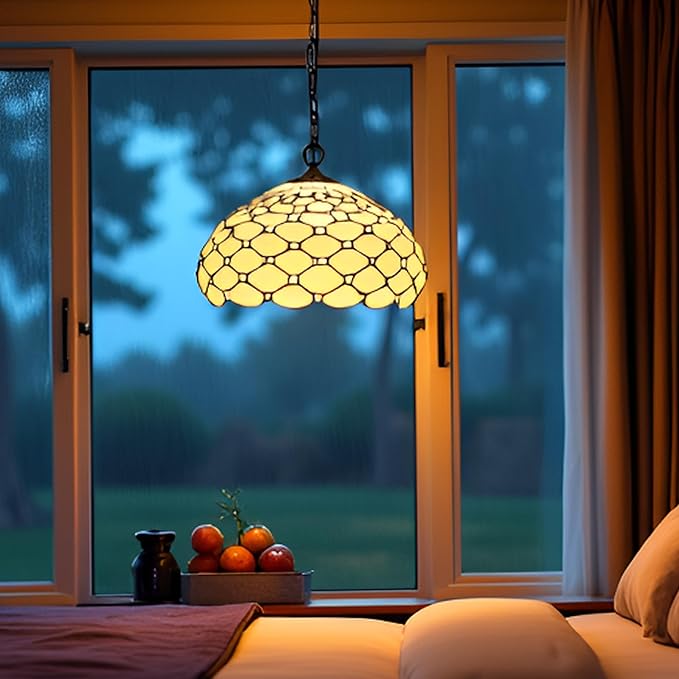 Tiffany Pendant Light Plug in Stained Glass Hanging lamp 12X12X181 Inch Hanging Lamp Living Room Bedroom Kitchen Dining Room Office(Cream Bead)