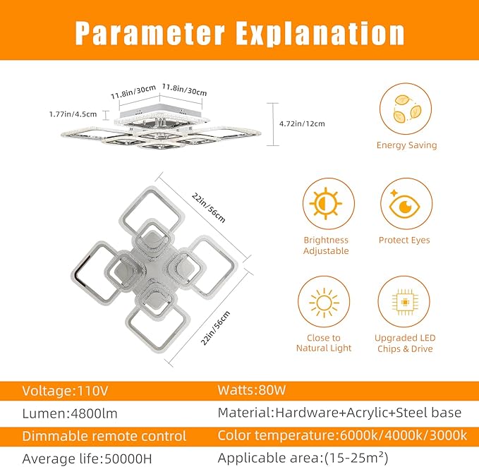 Modern Ceiling Light,Dimmable Living Room Lights Ceiling,8 Squares LED Kitchen Ceiling Light Fixture for Laundry Room,Hallway,3000-6000K,Chrome