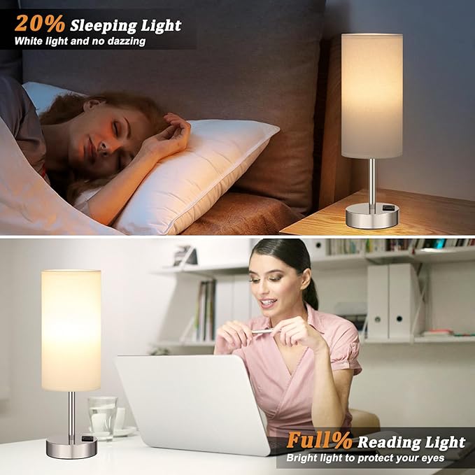 Dicoool Bedside Table Lamps for Bedroom Set of 2 - Touch Lamp for Nightstand with USB-A+C Charging Ports - 3 Way Dimmable Small Desk Lamp White for Office, Dorm Room, Living Room, Reading, Nursery