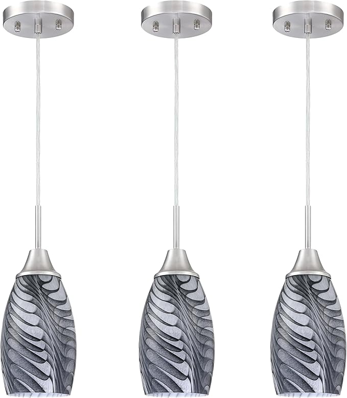 Viinew Mini Glass Pendant Light 4.72" with Handblown Black Gray Marble Art Glass Hanging Light 3-Pack Oval Ceiling Hanging Light Fixture for Dining Room Kitchen Island Cafe Foyer Hallway