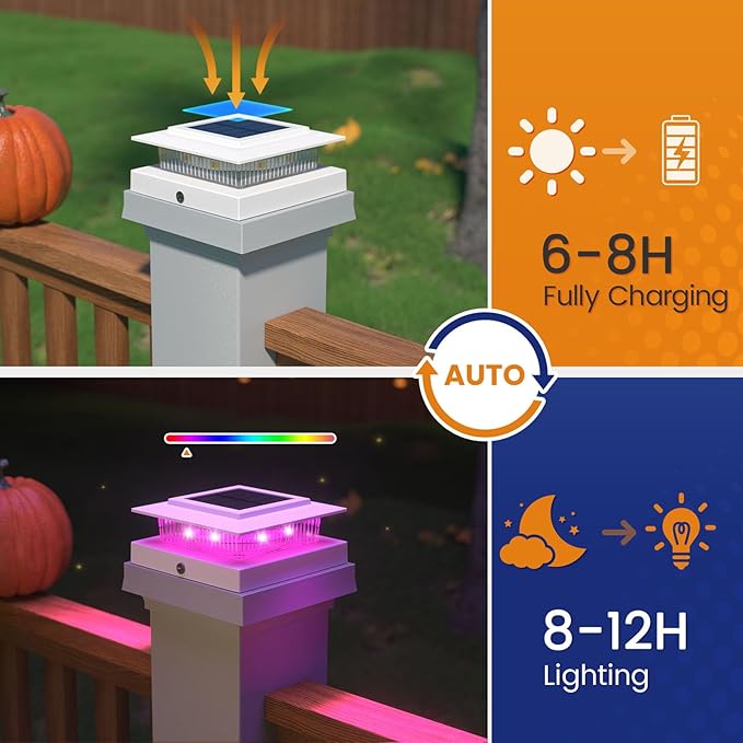 APONUO 12 Pack Solar Post Cap Lights Color Changing - 8 Solid Colors & Flowing Multicolor, IP65 Waterproof for 4x4 Wood/Vinyl Posts, Auto On/Off Deck Fence Patio Garden Lighting, White