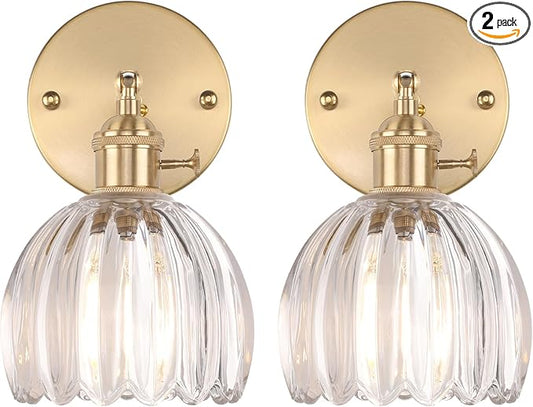 Shenmoyl Vintage Wall Sconces Set of 2 with Transparent Tulip Glass Lampshade 180 Degree Adjustable Brass Sconces Hradwired Modern Wall Lighting Fixture with Switch for Bedside Bedroom Doorway