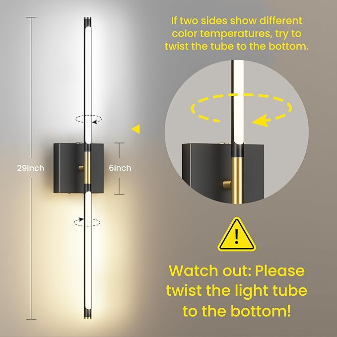 Battery Operated Wall Sconces Set of Two, 10000mAh Rechargeable Wall Lights with Remote Control, 360° Rotate Dimmable Black Gold LED Cordless Lighting for Bedroom, Living Room, Hallway, 29 Inch, 3CCT