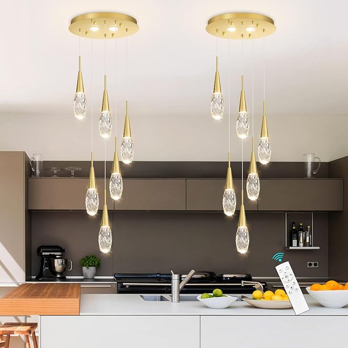 6-Lights Adjustable Pendant Lights for Kitchen Island LED Dimmable Light Fixture Modern Glam Crystal Hanging Lighting for Dining Room Bedroom Antique Gold
