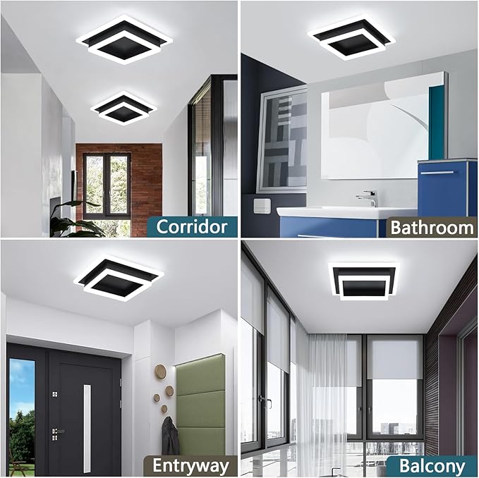 Modern LED Ceiling Light, Hallway Flush Mount Ceiling Light, 32W, 6000K, Black Square Hallway Lighting Fixtures for Living Room Kitchen Bedroom (Black) 2 Pack