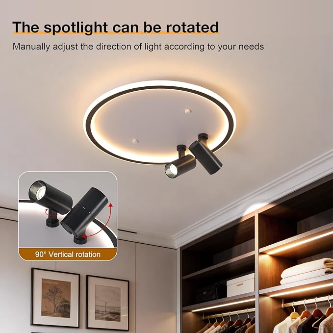 Modern LED Bedroom Ceiling Light, 2 Adjustable Spotlights, Dimmable Round Close to Ceiling Lamp, Black White Minimalist Lighting for Living Room Bedroom Kitchen Dining Room