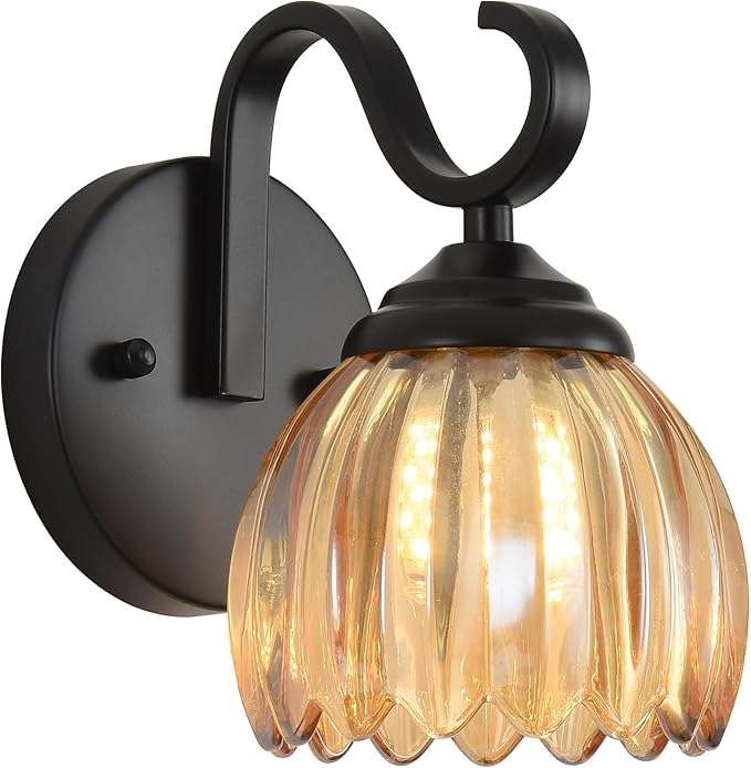 lobolighting Vintage Wall Sconce with Amber Tulip Glass Lampshade Black Sconce Bathroom Vanity Light Fixtures Hardwired Modern Wall Lighting Fixture for Bedroom Bedside Door Header