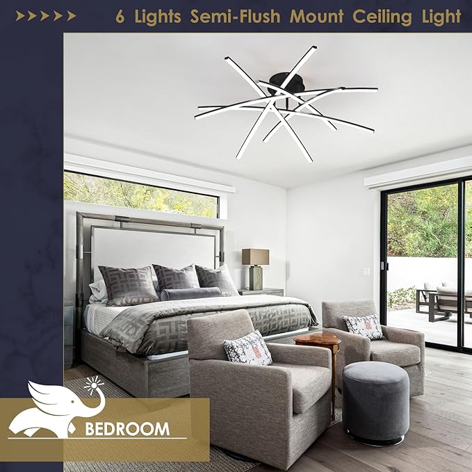 Modern 32.8" LED Chandelier Ceiling Light 6-Lights Black Dimmable Semi Flush Mount Ceiling Light Fixtures with Remote for Living Room Bedroom Kitchen 65 W 3000K-6000K