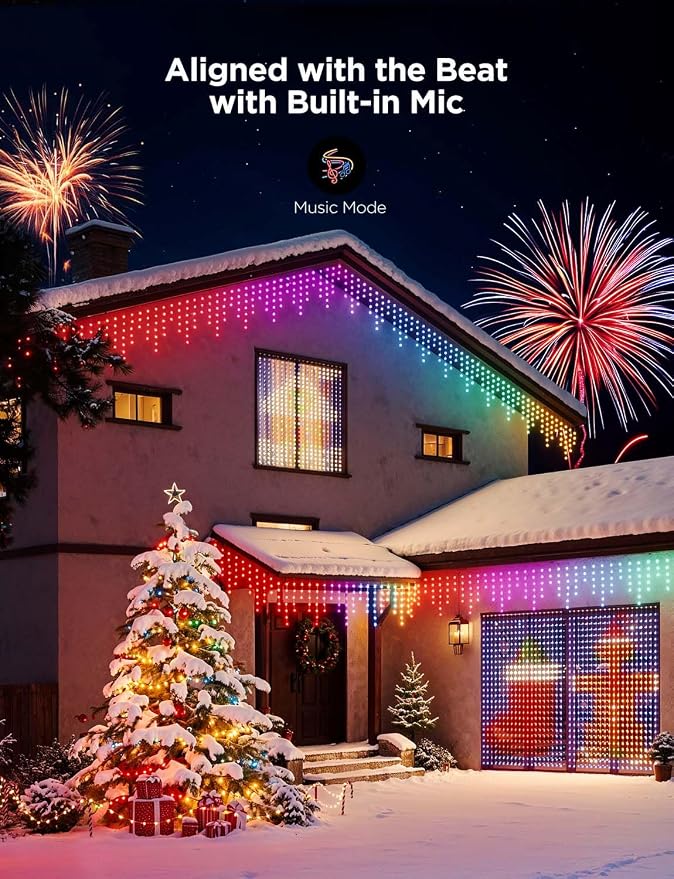 Govee Outdoor Lights Set, Includes Curtain Lights, String Lights, & Icicle Lights, House Decor for Indoors & Outdoors, RGBIC Smart LED Lights, Holly-Jolly Christmas Bundle 1 Pack Each