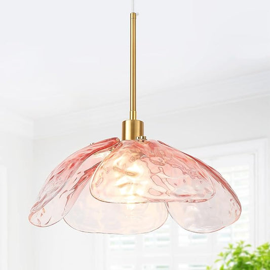 Pink Glass Pendant Lights Kitchen Island, 14'' Vintage Hanging Light Fixtures with Hammered Glass Flower Shade, Brass Pendant Ceiling Light for Kitchen Sink Hallway Bedroom