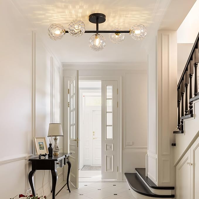Modern Globe Glass Ceiling Light: 27 Inch Semi Flush Mount Light with Hammered Clear Glass Shade - 5 Lights Black Ceiling Lighting Fixture - Dimmable Linear Chandelier for Bedroom Living Room Entry
