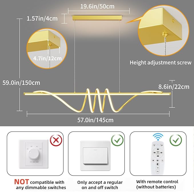 Modern LED Pendant Lights, Ceiling Chandelier Dimmable with Remote Control 3000k-6000K Adjustable Color Temperature, Aluminum Island Lighting Lamp Fixture for Kitchen, Dining Room(57in Gold)