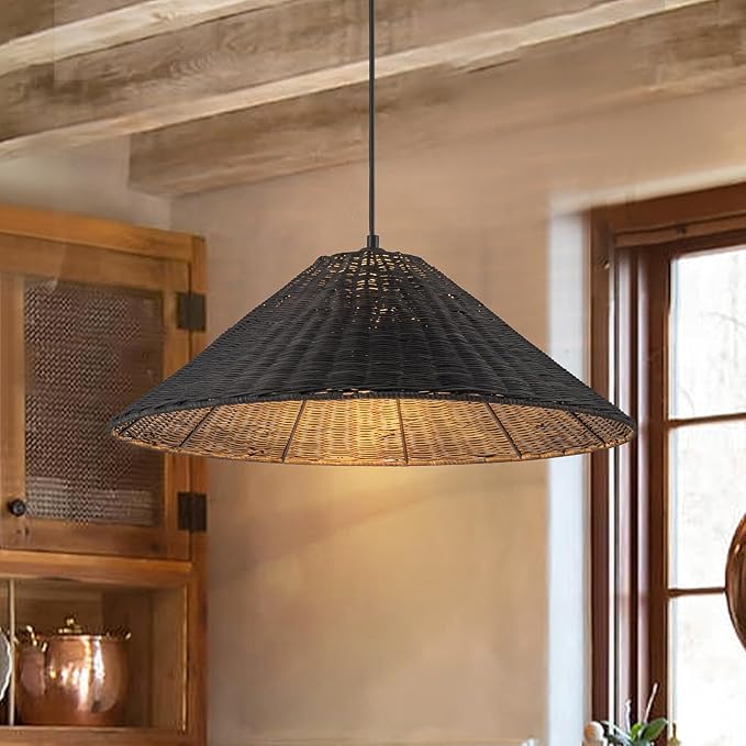 23.6'' Large Weaving Rattan Chandelier, Black Coastal Chandelier Hand Woven Rattan Dome Pendant Lighting Fixture Farmhouse Natural Basket Hanging Light