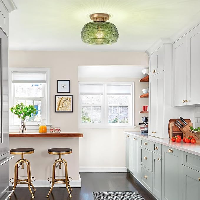 Semi Flush Mount Ceiling Light, 9" Green Glass Gold Fixture, Modern Close to Ceiling Light for Kitchen Hallway Bedroom, E26 Base,Bulb NOT Included