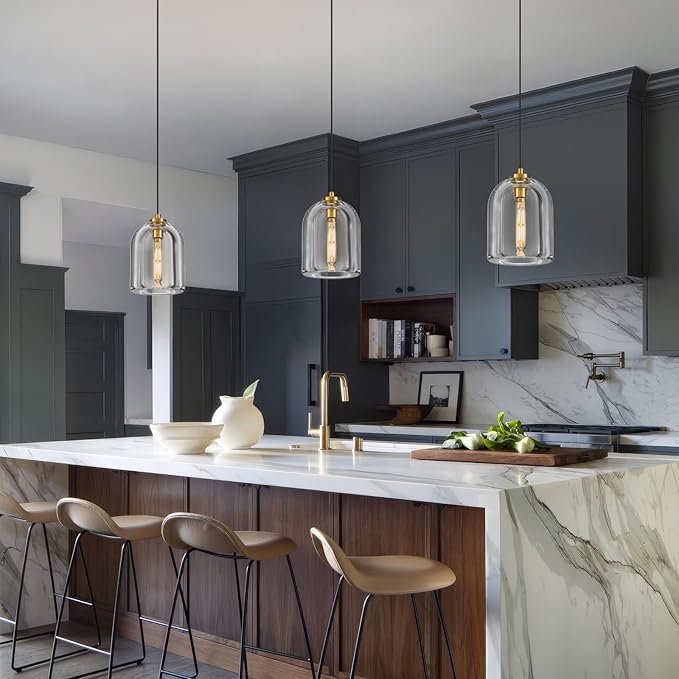 Crystal Pendant Light Kitchen Island: 2 Pack Gold K9 Crystals Lights - 5.1" Dimmable Contemporary Cylinder Light above Dining Table - Modern Ceiling Hanging Lighting for Bedroom E12 Bulbs Included
