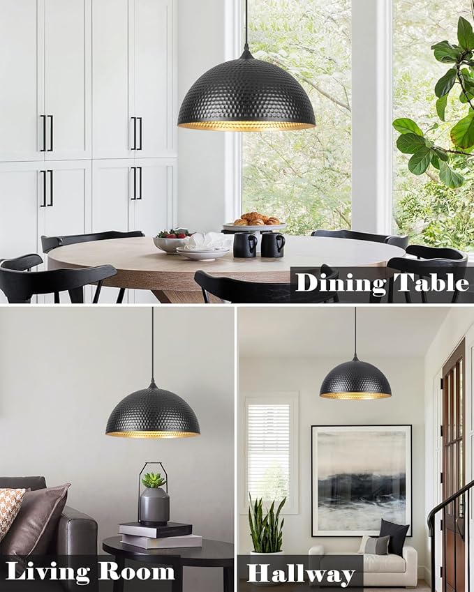 16 inch Black and Gold Pendant Light 1 Pack, Hammered Large Industrial Pendant Lights Kitchen Island, Black Dome Pendant Light for Kitchen Island, Dining Room, Bar