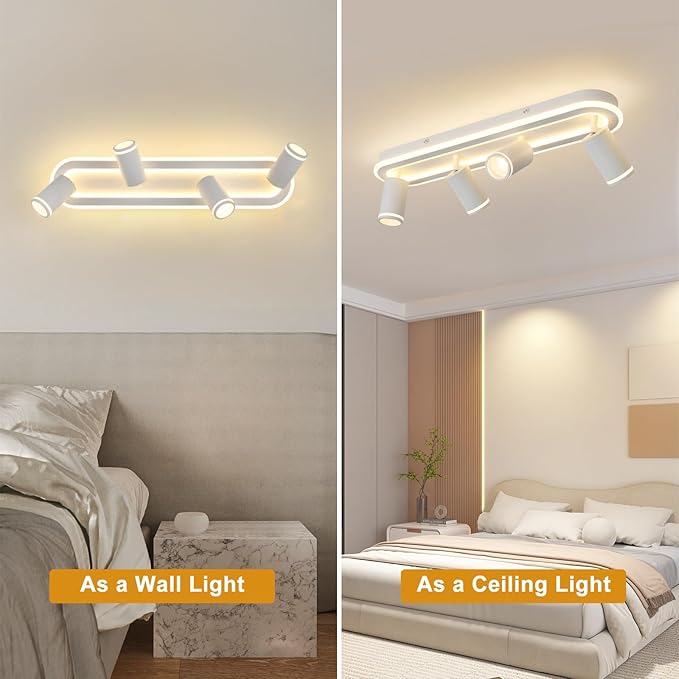 LED 4 Light Track Lighting Spotlight Kit, White Ceiling Spotlights, Modern Track Light Fixture with Flexibly Rotatable Light Heads, 50W+20W Dual Lighting for Kitchen Living Room,Includes 4 x GU10 Bulb