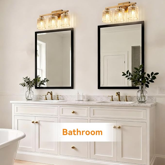 TALOYA 19 Inch Bathroom Light Fixtures,Modern 3-Light Brushed Gold Vanity Lights with Wide Vertical Ribbed Thickened Glass Shade Wall Sconces for Mirror Makeup Room Hallway（Bulbs Not Included）
