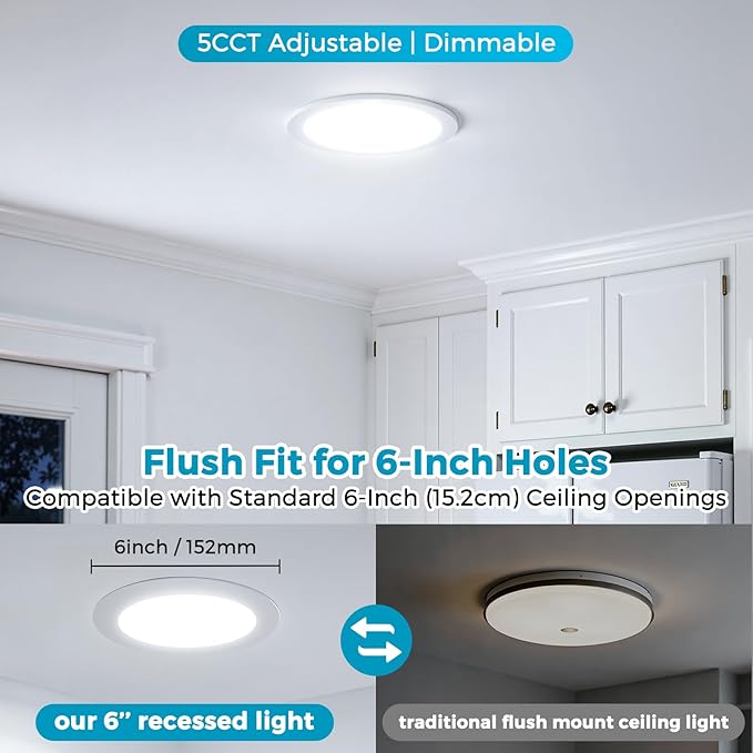 MAXvolador 6 Inch Ultra-Thin LED Recessed Ceiling Light with Junction Box 1200LM High Brightness 6-Pack, 5CCT 3000K/3500K/4000K/5000K/6500K Selectable, Dimmable Canless Wafer Downlight 12W 110W Eqv