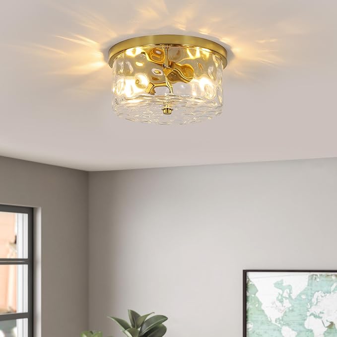 Krychiler 2-Light Flush Mount Ceiling Lights, 9.8 inch Foyer Lighting Fixtures with Ripple Glass Shade, Kitchen Lights Flush Ceiling Light Fixture for Bedroom, Island (Gold)