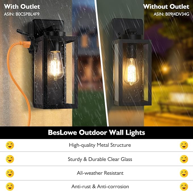 BesLowe 2-Pack Porch Lights Outdoor with UL Certified Outlet, Modern Outdoor Wall Lights Exterior Lighting Fixtures Waterproof, Exterior Wall Sconces Outside Lights for House Front Door Garage, Black